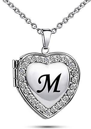 KunBead Jewelry Daughter Birthday Picture Locket Necklace for Men Heart Love Letter M Name Necklace with Initial on it