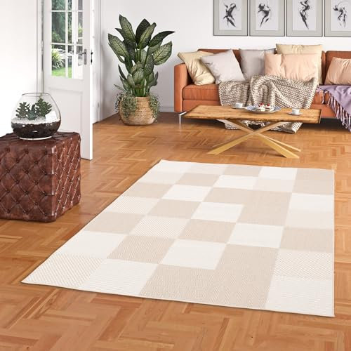 In & Outdoor Flachgewebe Sisaloptik Natur, Terrasse und Balkon Teppich Marbella Beige Karo in 5 Größen