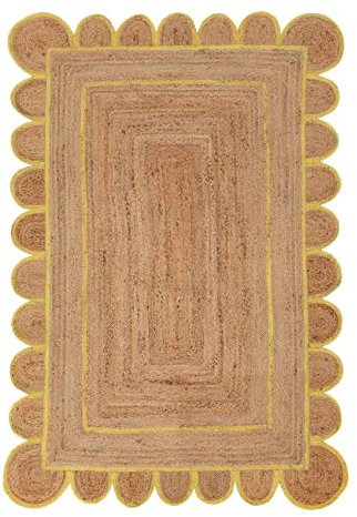 Avgari Creation Teppich, natürliche Jute, Kreis-Design, gelbe Bordüre, rechteckig, handgeflochten, 60 x 90 cm
