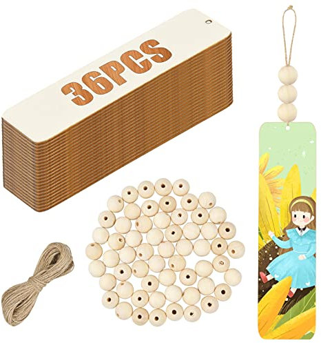 36 Stück Holz Blanko Lesezeichen DIY Holz Handwerk Lesezeichen Unvollendete Holz Hängen Etiketten Rechteck Form Blanko Lesezeichen Ornamente mit Holzperlen und Seilen für Weihnachten