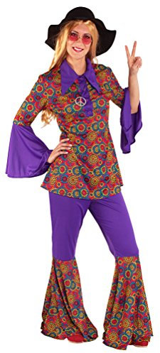Karneval-Klamotten Hippie Kostüm Damen Hippiehemd Schlaghose Damenkostüm Fasching, Flieder Bunt, 36-38