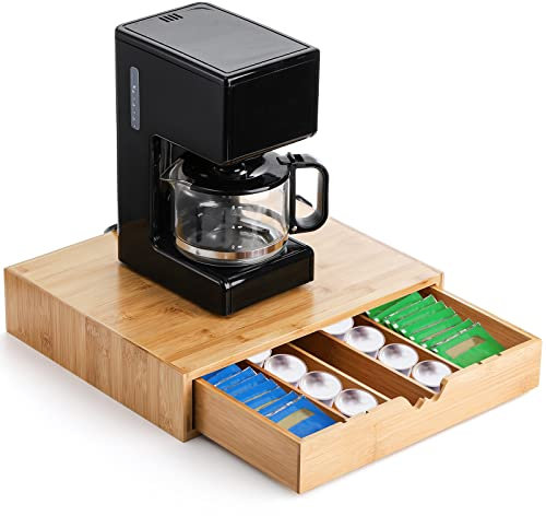 Peohud Bamboo Coffee Capsule Pod Holder with Sliding Drawer, Wooden Coffee Pod Storage, Tea Bag Storage Organizer for Kitchen Office Coffee Bar, Coffee Machine Stand