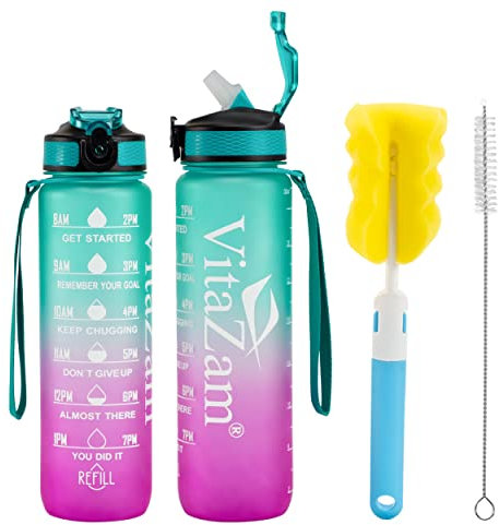 VitaZam New 1 Litre Water Bottle, Motivational Water Bottle with Time Markings, BPA Free, Leak Proof Lock Cover and Bottle Brush, Bottle for Gym, School/Office, Sports and Outdoor (c green/pink WB)