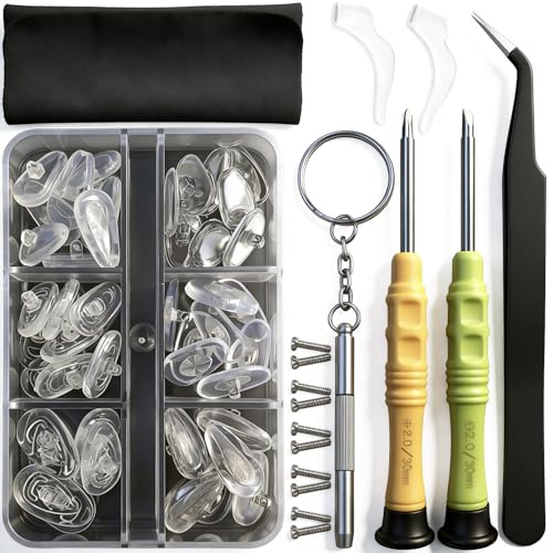 GOTOBA Eyeglass Nose Pads, 22 Pairs Screw-in Eyeglasses Nose Pads, Upgraded Glasses Nose Pad Kit with Eyeglass Screwdriver, Tweezers, Glasses Cloth, Small Screws.