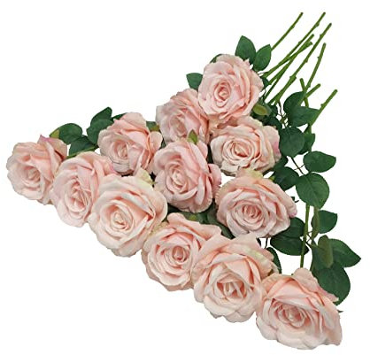 ATFL Blush Blumen, 12 Stück, rosafarbene Rosen, hellrosa, künstlich, Blumendurchmesser 10,2 cm, künstliche Rosen mit Stielen für Hochzeitsarrangement, Tafelaufsätze, Party, Zuhause, Tischdekoration
