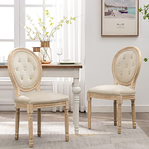 Küchenstühle 2er Set Barock Esszimmer Stuhl Esszimmermöbel Louis Polsterstühle Esszimmerstühle mit runder Rückenlehne und Knopfdesign Medaillon Stuhl Vintage Massivholz für Restaurant Hotel hellbraun