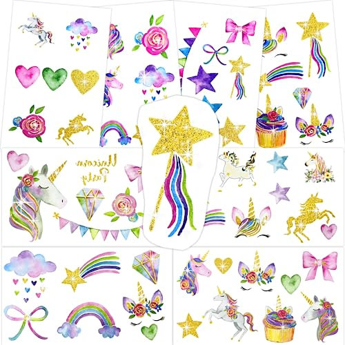 Glitzer Tattoo Set für Kinder, Einhorn Tattoos, Gold Temporäre Tattoos, Mitgebsel für Kindergeburtstag, Mädchen Geschenke
