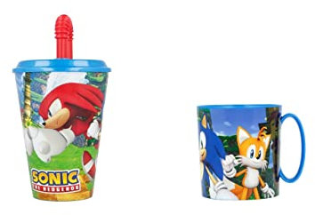 ALMACENESADAN, 4805, Pack vuelta al cole Sonic; compuesto por taza microondas 350ml y vaso con caña 430 ml, producto reutilizable, sin BPA