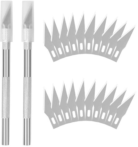 DealKits Set di 2 coltelli fai da te, con 20 lame di ricambio e 2 tappi di protezione, taglierino per bisturi, taglierino Comfortline Hobby, coltello da intaglio per il taglio di fondente, pellicola