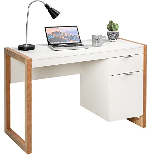 COSTWAY Computer Desk, 112 x 50cm Wooden Study Table Writing Workstation with Drawer and Cabinet, Modern PC Laptop Table Gaming Working Desk for Home Office Bedroom(White+Natural)