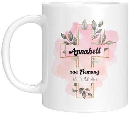 TassenTicker - personalisierte Tasse - Christliche Geschenk zur Firmung - Mädchen - Jungen - Kreuz - Glückwunsch - Wunschtext (Weiss, Firmung)