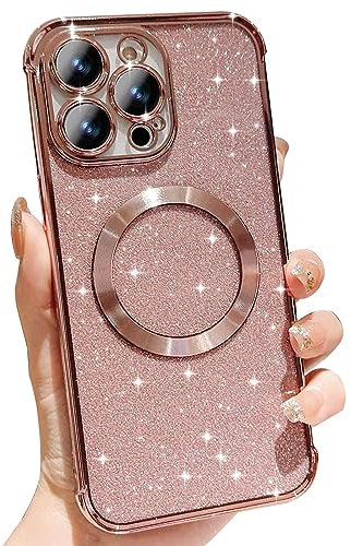Wirvyuer for iPhone 13 Pro Max Case Compatible with MagSafe, Cute Glitter Shockproof Magnetic Phone Case with Wireless Charging Support and Protection, Rose Gold