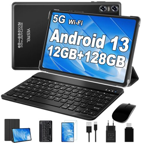 YESTEL Tablet 10 Zoll Android mit 12 GB RAM + 128 GB ROM (1TB TF), 2.4G + 5G WLAN, GPS, 2.0 GHz, Bluetooth 5.0, 5 MP + 8 MP, 2 in 1 Tablet mit Tastatur + Maus + Hülle, Schwarz