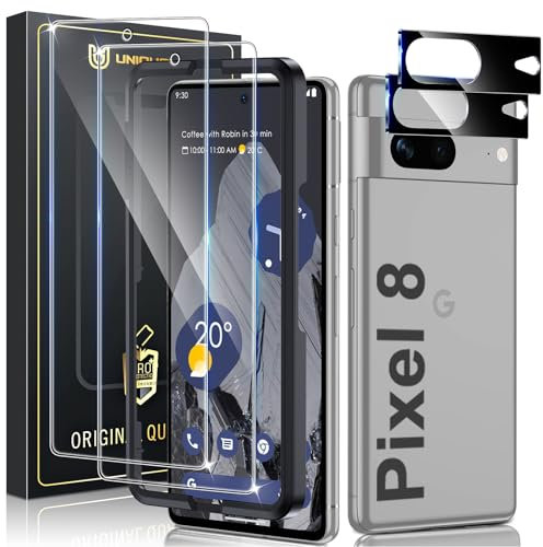 UniqueMe 4 Pièces Verre Trempé pour Google Pixel 8 Protection, 2 Pièces Protection Ecran 2 Pièces Verre Trempé Protection d'objectif, Compatible avec ID d'empreintes Digitales
