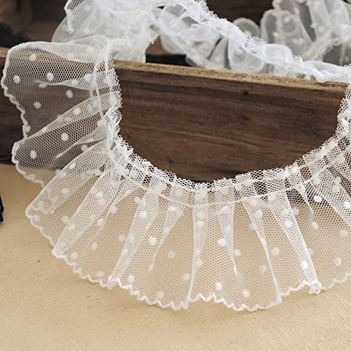 HAODUOO Plissee-Mesh-Spitze, 60 mm, 1 Yard, Besätze, Tüllstoff, Punkte Besticktes Band for DIY-Handwerk, Nähzubehör-Bänder(White)