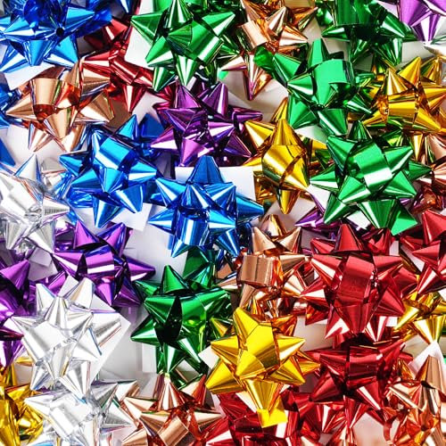 Dooozy 100 Pcs 2'' Geschenkschleifen Selbstklebend Set, 7 Metallisch Farbe Geschenk Schleife für Festival Weihnachten Geschenkverpackung