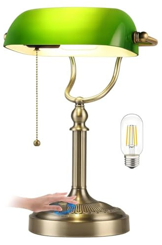 Newrays Grünes Glas Bankers Schreibtischlampe, Stufenlos dimmbare Tischlampe Plug in Leuchte für Arbeitszimmer, Büro mit LED Glühbirne