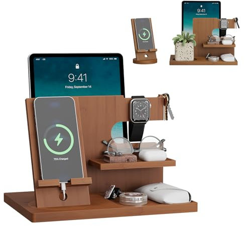 Semiocthome Wood Phone Docking Station with Separate Phone Stand, Anniversary Presents for Him or Her, Birthday Presents for Men Dad Husband Boyfriend Son, Bedside Desk Organiser Brown