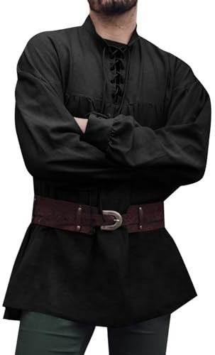 Runcati Mittelalter Hemd Herren Piratenhemd Langarm Steampunk Wiking Renaissance Viktorian Halloween Kostüm Shirt Oberteile,Schwarz,M