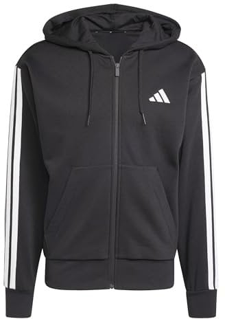 adidas Herren Essential Three Stripes Fleece Zipper Hoodie, Black/White, M