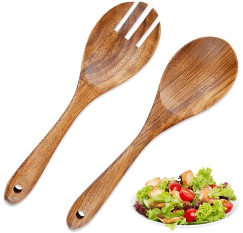 EASONGEE Wooden Salad Spoon and Fork Set, 2pcs Wood Salad Servers, 10.2 inch Salad Mixing Dinner Fork and Spoon, Long Handle Salad Server Set, Wooden Utensils for Serving Salad, Making a Salad