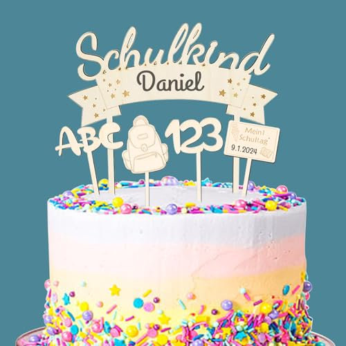 Tortendeko Einschulung Holz, Kuchendeko Schulanfang für Schulkind Mädchen Junge Schuleinführung Mein 1. Schultag Schulstart Party Deko Zuckertüten Schultüten ABC 123 Cupcake Topper Kuchen Tortendeko
