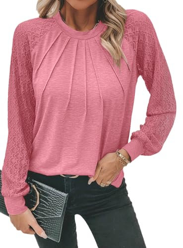 Chicrise Camicia Donna Elegante Scollo Rotondo Maglia Pizzo Maniche Lunghe Blusa Autunno Moda Rosa Middle 38-40