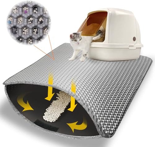 Cloison Katzenklo Matte - 55x75 CM Katzenmatte Doppelte Schichte Non-Slip Wasserdichte - Katzenmatte Katzenklo mit Klettverschluss - Bienenwabe Matte Katzentoilette - Grau