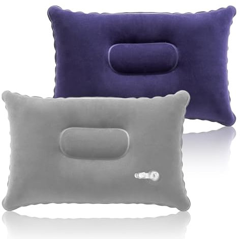 SMCEHEYA 2-in-1 Inflatable Pillows 32x22cm Travel Pillow, Soft Flocked Surface for Sunbathing, Neck & Lumbar Support, Hiking (Blue&Gray)