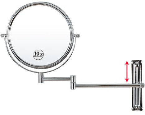 REWIS 8-Zoll-Wand-Schminkspiegel, anhebbar, doppelseitiger Kosmetikspiegel mit 1-facher/10-facher Vergrößerung, 360° schwenkbarer, Verstellbarer Kosmetikspiegel, HD-Rasierspiegel,Silber