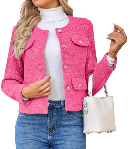 HUEOBIR Blazers en tweed pour femme - Manches longues - Boutonnés - Courts - Décontractés, rose, Medium