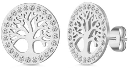 Dreamtimes Albero della vita orecchini per le donne in acciaio inox colore oro Clear Zircon Orecchini rotondi Albero della famiglia Orecchino Moda Fascino Gioielli di lusso Regalo di nozze (Argento)