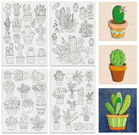 BENECREAT 4Sheets 48Pcs Potted Plants Water Soluble Embroidery, Cactus Succulents Stick and Stitch Embroidery Paper Stabilizer Water Soluble Hand Sewing for Shirts, Coats, Bags