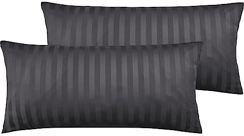 Pure Label 2er Set Mako Satin Damast Streifen Kopfkissenbezüge 40x80 cm aus 100% Baumwolle in dunkelgrau| Traumhaft weiche Kissenbezüge passend zu unseren Bettwäsche Sets