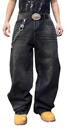Zewool Jeans Baggy Hip hop pour Hommes,Jeans Skater à Jambe Large,Pantalons en Denim décontractés,Y2K Skateboard Streetwear Coupe Droite relaxée Vintage extrême liberté de Mouvement,A10 Noir,L