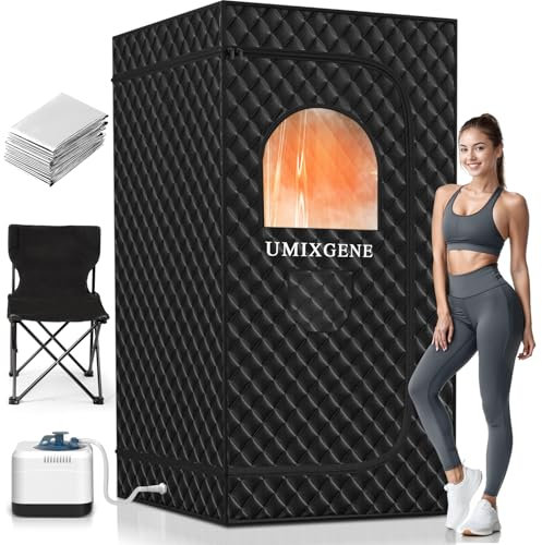 UMIXGENE Boîte de sauna, sauna portable pour usage domestique avec dix couvertures chauffantes en aluminium, sauna à vapeur personnel avec cuiseur vapeur de 3 L, 9 niveaux, chaise pliante, taille XL