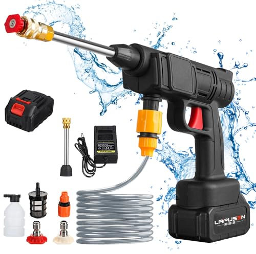 Nettoyeur Haute Pression sans Fil 30Bar, Nettoyeur Haute Pression sur Batterie 6000mAh, avec Chargeur et Tuyau de 5M, 435 PSI Pistolet à Eau Haute Pression pour Jardin et Voiture (1× Batterie)