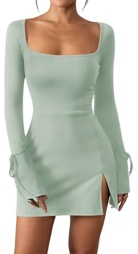 Haibang Vestito Donna Elegante Maniche Lunghe Sexy Mini Abito da Sera Vestito Corto Scollo Quadrato Casual Bodycon Dress Aderente Vestiti de Discoteca Sera Cocktail Party Tubino Autunno Inverno