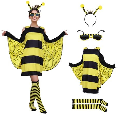 DUDUMILA Bienen Kostüm Erwachsene, Faschingskostüme Damen Bienenkostüm mit Bienen Socken, Biene Haarreif, Sonnenbrille, Tierkostüme für Karneval Dress Up Party Cosplay, Karneval Kostüm Damen, S