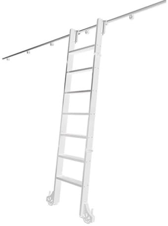 TWHZSAI Weißes Rollleiterschienenset zum Einhaken mit Metallleiter, horizontales Gleitleitersystem für die Wandmontage mit Flaschenzug, mit Bodenrollen (Farbe: 150 cm Leiter, Größe:
