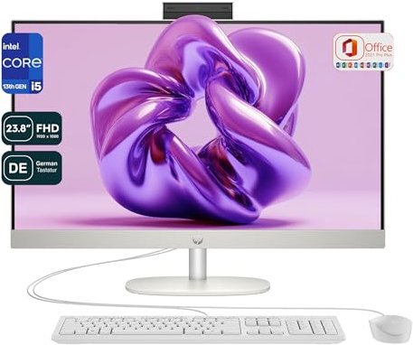 HP All-in-One Desktop PC, Intel Core i5-1335U, 64 GB DDR4 RAM, 1 TB PCle SSD, 23.8 FHD IPS Display, Intel Iris Xe Graphics Grafik, QWERTZ Tastatur + Maus, Windows 11 Home, Office 2021, White