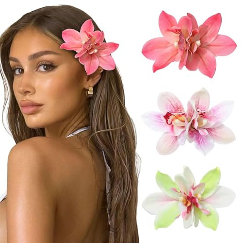 BelleVive 3 Stück Haarspangen mit Hawaiiblumen für Damen, Haarspangen mit Orchideenblüten, Haarspangen mit künstlichen Blumen, Haarspangen mit Hibiskusblüten für Hochzeiten, Brautsträuße