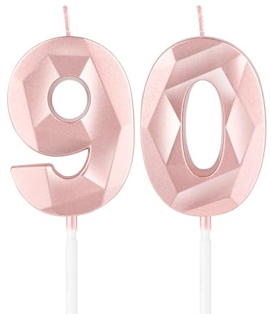 Rose Gold 90th Birthday Candles,3D Number 90 Candle for Cake,Women 90th Birthday Decorations,Rose Gold 90 Candle Cake Topper for Girls Women Her Him Birthday Party Wedding Decorations