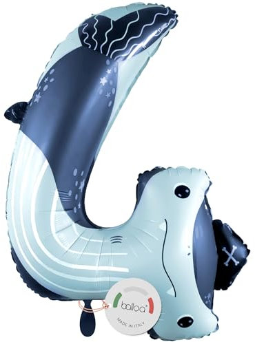 balloa Folienballon XXL Zahl 4 Hai, Helium Ballon Tiermotiv, Luftballon Zahl Vier Geburtstag Junge Mädchen, Geschenk zum 4 Geburtstag Kindergeburtstag Deko Ballon Zahl 4, 88cm