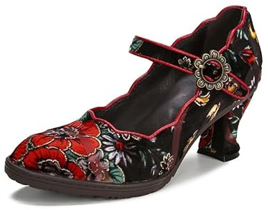 SOCOFY Kvinnor Läder Mary Jane-skor Färgglada Läder Oxfordskor Vintage Läderpumpar Dam Färgglada lappord blockklack Pumpar Mid Kattunge Hälpumps Skor Ankelrem Bröllopsklänning Kväll Festskor