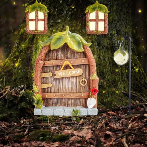 Csirnto Lot de 4 décorations de jardin de 14 cm, porte de lutin et porte d'arbre pour jardins, porte lutin extérieur dans l'obscurité, figurines d'elfes