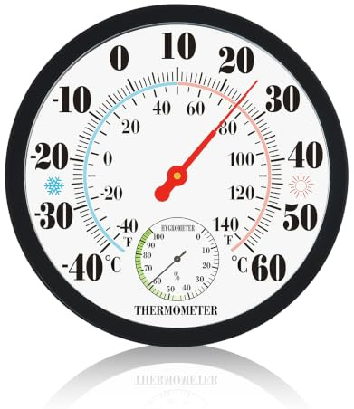 25CM Thermometer Innen Außen, Schwarz Gehäuse, Indoor Outdoor Thermometer, Indoor Outdoor Thermometer Hygrometer Funktion, Raumthermometer Innen Außenthermometer Hygrometer für Haus und Garten