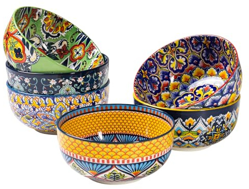HENXFEN LEAD Porcelain Cereal Bowls, 6 Pieces 28oz Soup Bowls for Cereal, Soup, Salad, Pasta, etc. Bohemian Floral Design in 6 Vibrant Colours