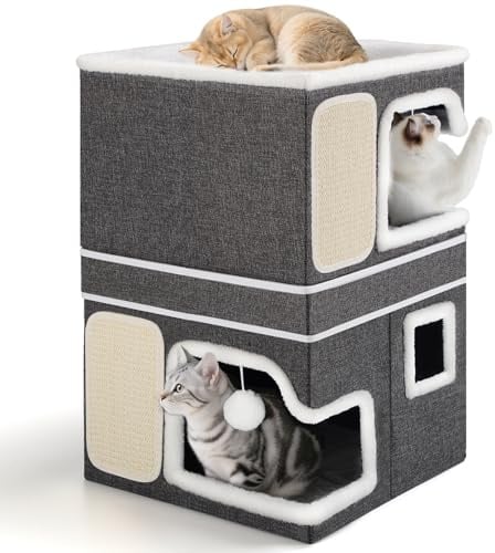 3 Schicht Katzenhöhle, Faltbare Katzenhaus für Große Katzen, 40L*40B*63H cm, Indoor Katzenwürfel, Aufteilbar in 2 Große Katzen höhle mit Katzenversteck, Großer Katzenbett mit Kratzbrett und Spielball