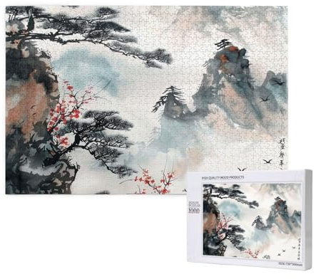 Puzzle de 1000 pièces avec boîte de rangement, peinture de paysage chinois, puzzle en bois imprimé 75 x 50 cm pour adultes et enfants, jeu décoratif amusant en famille